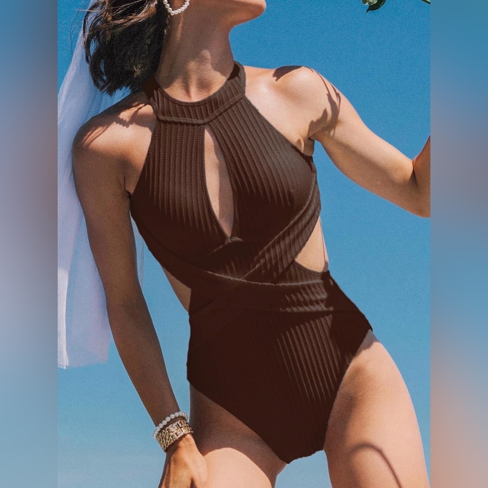 Cupshe Chocolate Brown Ribbed Cutout One-Piece Swimsuit | NWOT